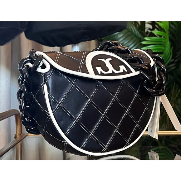 NEW WITH TAGS! Authentic Tory Burch Black and White 1/2 Moon Fleming Handbag - Picture 2 of 10
